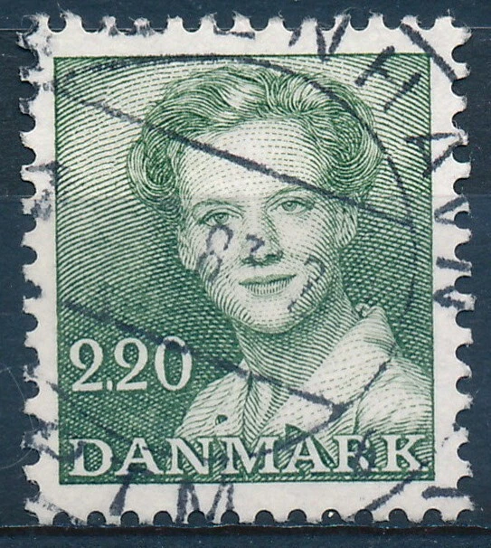 Dinamarca Scott 704/AFA 773, 2,20 verde Reina Margarita, en muy buen estado sello usado postal Foto 1 de 1