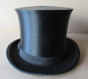 ANTIQUE OLD GERMAN MARKED SILK COLAPSIBLE OPERA TOP HAT GIBUS / SIZE 54 (6¾) - Picture 1 of 4