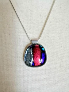 Sterling Silver 925 Colorful Dichroic Glass Pendant on 19" Snake Chain Moderrn - Picture 1 of 4