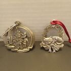 2 Vintage Pewter Christmas Ornaments The Star Shown Round About &amp;Cat In A Wreath