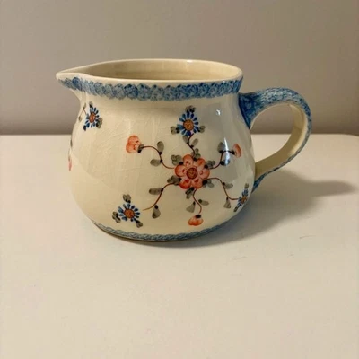 Jarra de leche de agua boca ancha de cerámica polaca Boleslawiec azul rosa floral 5" Foto 1 de 4