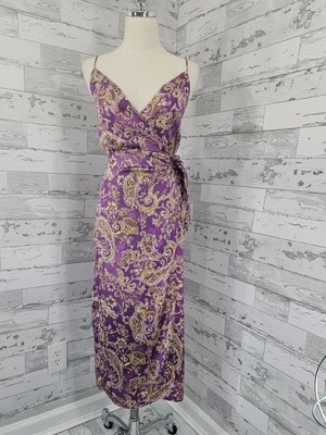 Zara Satin Wrap Strappy Midi Dress Paisley Print Purple Womens Xsmall - Image 1 of 4