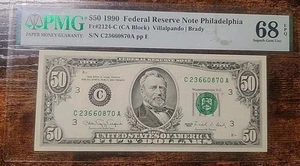 1990 $50 Federal Reserve Note Fr-2124-C Philadelphia PMG68 Superb Gem EPQ (#309) - Picture 1 of 2