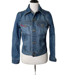 Tommy Hilfiger Jean Jacket Women S Blue Denim Distressed logo Button Pockets - Picture 1 of 12