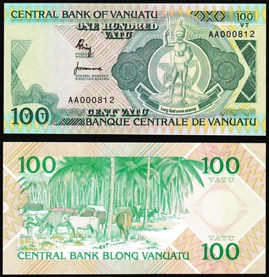 Vanuatu 100 vatu 1982 Melanesian Chief & Cows P1 Prefix AA Very Low Serial UNC - Image 1 of 4