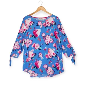 THOMAS COOK Size 16 Blue Floral 3/4 Tie Up Sleeve Top Pearl-Look Button - Picture 1 of 9