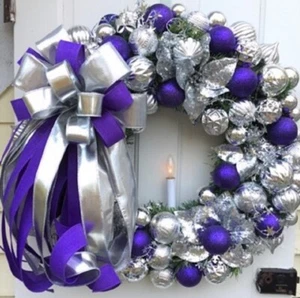 CHRISTMAS WREATHS DOOR WALL WREATH SILVER & PURPLE WITH CANDLE  HANDMADE - Picture 1 of 8
