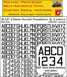 RC Vinile Adesivo Decalcomanie Raf Lettere Numeri 12MM Pre Cut FPRC891 Nero Matt - Bild 1 von 3