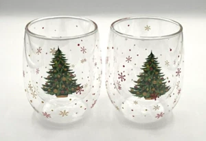 Clear Glass Double Walled 10 Oz Stemless Wine Glass Christmas Tree Red Gold Snow - Picture 1 of 20