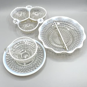 VTG Opalescent Moonstone Hobnail Glass Serving 4-Piece Set 1940s Anchor Hocking - Picture 1 of 20