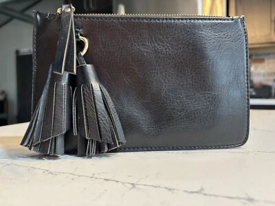 MELIE BIANCO CUERO VEGANO NEGRO DELGADO BOLSO DE MANO PULSERA ACENTO BORLA Foto 1 de 4