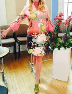 New York & Co Shift Dress Medium Pink Floral Bubble Sleeves Garden Romantic - Picture 1 of 11