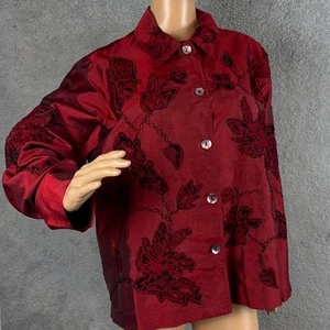 Coldwater Creek Women’s Red Silk Blazer Jacket Black Beaded Appliqués Size L - Picture 1 of 10