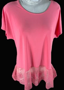 Cato Women Feminine Pink Jersey Knit Tunic Sheer Eyelet Lace Trim Size Large - Picture 1 of 12