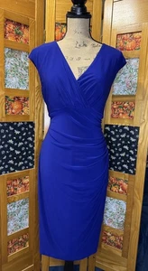 LAUREN RALPH LAUREN blaues Kleid gerafft seitlich V-Ausschnitt Stretch Büro Karriere Gr. 12 - Bild 1 von 8