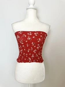 Rue 21 Womens Smocked Tube Top Size M Red White Floral Ruffle Sleeveless - Picture 1 of 10