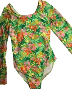 Art Class Swimsuit Girls Large XL 14 Green Floral Long Sleeve Cutout Back UPF50 - Picture 1 of 10