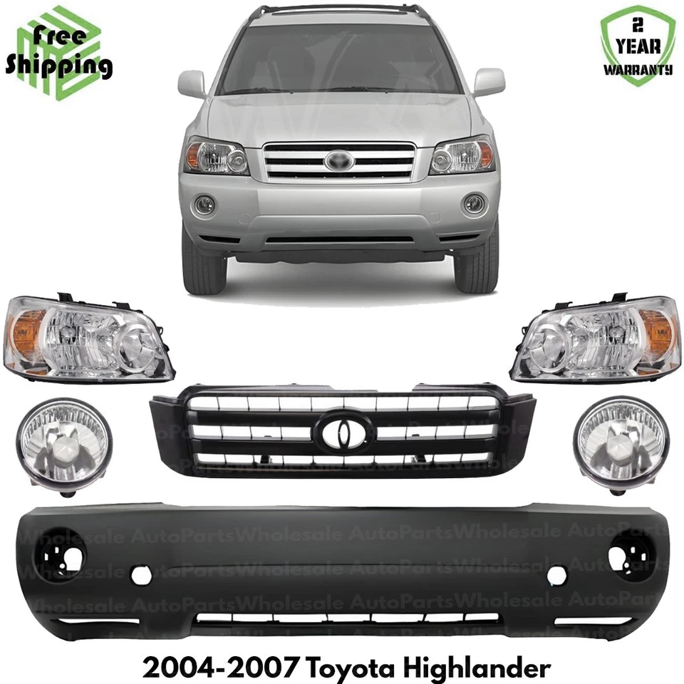 Front Bumper Cover Primed & Headlights Kit For 2004-2007 Toyota Highlander Foto 1 de 4