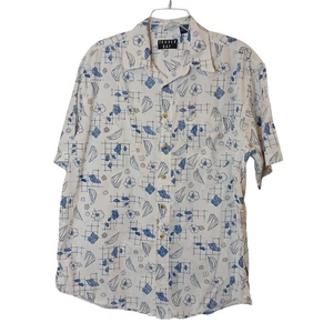 Trader Bay Large Hawaiian Shirt Blue & White Floral Sailing 100% Cotton #I-10 - Picture 1 of 8