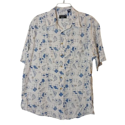 Trader Bay Large Hawaiian Shirt Blue & White Floral Sailing 100% Cotton #I-10 - Image 1 of 4