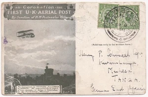 Destino raro 1911 GB primera postal aérea del Reino Unido de Londres a Tanga, este alemán - Imagen 1 de 2