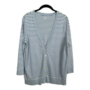 Lands End Cardigan Women's size M 10-12 Blue White V-neck Striped Sweater - Picture 1 of 4