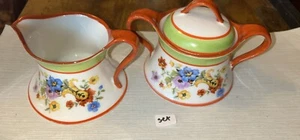 Vintage Sugar Dish W/Lid Orange Green Flowers And Creamer Set Moschandory - Picture 1 of 13