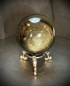 3.1" Golden Obsidian Sphere With Metal Stand 1lb 5.3oz - Picture 1 of 9