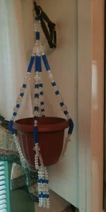 Blue & Clear beaded Plant Hanger Handmade New Vintage  - Picture 1 of 3