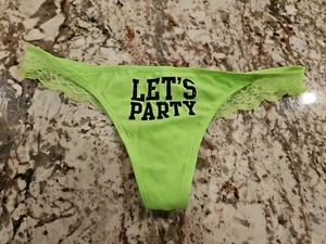 True Vintage Victoria's Secret Pink Glitter Logo "LETS PARTY" Lace Back Thong - Picture 1 of 3