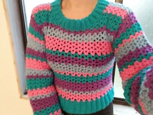 Women's Crochet Sweater Handmade crew neck striped colorful - Picture 1 of 6