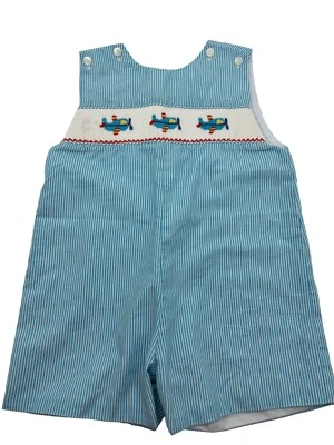 Mameluco de avión Petit BeBe bebé niño 12M azul bordado a rayas a mano Foto 1 de 4