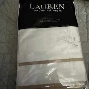 RALPH LAUREN SPENCER BORDER SATEEN STANDARD SHAM CLASSIC TAN TAN/ WHITE NIP - Picture 1 of 5