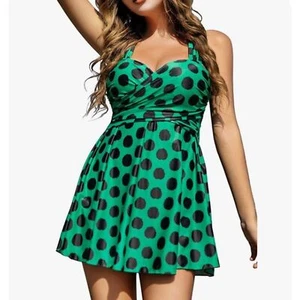 Cocopear Swim Dress Green Polka Dot One Piece XL NWT Crossover Back Boyshort - Picture 1 of 8