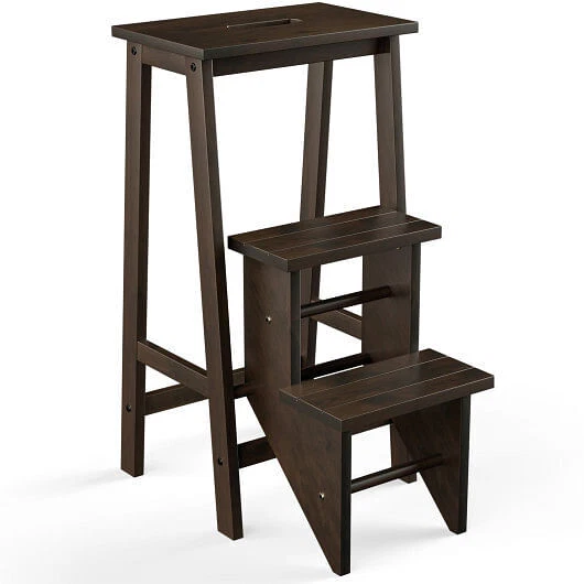 Costway Folding 3 Tier Step Stool 3-in-1 Rubber Wood Ladder Storage Shelf Brown