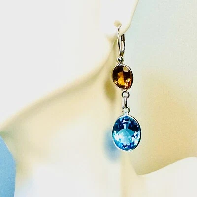 14kt White Gold Blue and Golden Topaz Dangling Earrings - Image 1 of 4