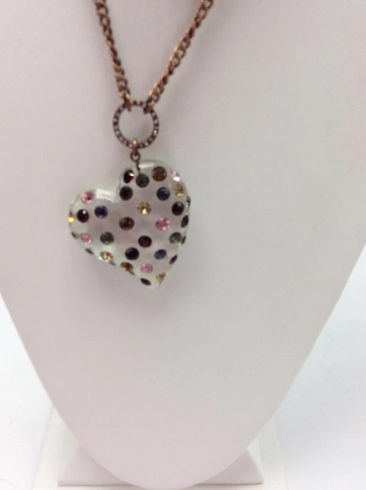 Betsey Johnson Confetti Copper Tone Crystal Lucite Heart Necklace Dj39