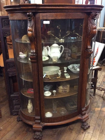 Antique Carved Oak China Cabinet, Curved Glass 66.25” H Cover