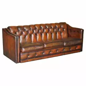 CIRCA 1920'S ART DECO FULLY RESTORED CHESTERFIELD BROWN LEATHER SOFA PART SUITE - Picture 1 of 12