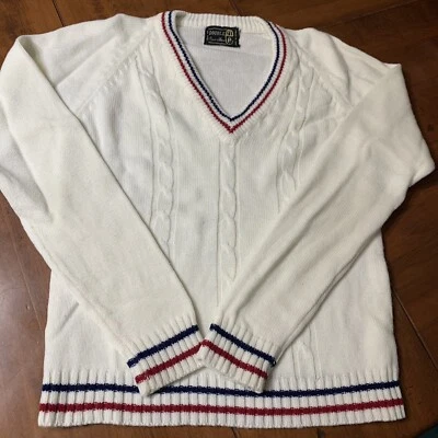 Suéter infantil vintage con cuello en V hecho en Corea blanco con rayas azules rojas Top juvenil Foto 1 de 4