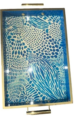 Lily Pulitzer Large Serving Tray Wood Lacquer Gold Edge 16”X11” Metal Handle - Image 1 of 4