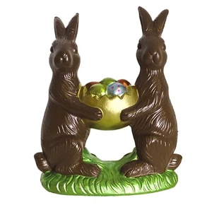 Easter Bunny Rabbit Couple Holding Basket of Eggs Faux Chocolate Decor Figurine - Picture 1 of 2