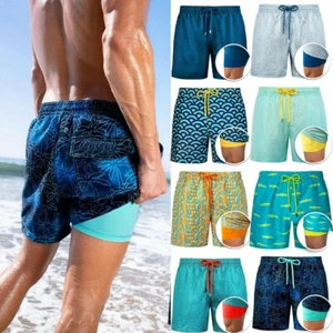 New Mens Quick Dry Printed Short Swim Trunks Built-in Compression Liner Swimwear - Picture 1 of 23