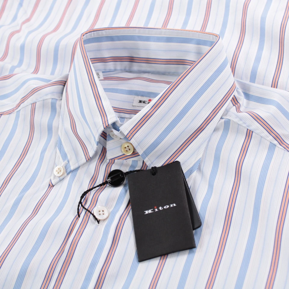 Camisa social Kiton nova com etiquetas tamanho 15.5 39 azul laranja com listra branca 100% algodão - Imagem 1 de 4