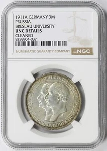 1911 A Germany Silver 3 Mark Prussia Breslau University NGC UNC Details Cleaned - Picture 1 of 4