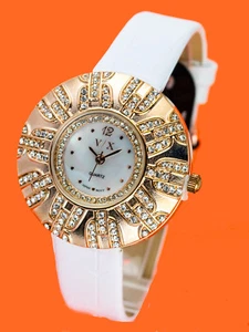 VISAGEXCHANGE:WOMENS WHITE COLOR LEATHER BAND ROUND CASE QUARTZ ANALOG WATCH - Picture 1 of 4