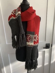 Schal Multifunktion Strick Schneeflocke Quasten grau rot weiß 80x10 Winter Grob - Bild 1 von 7
