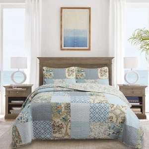 Sky Blue Floral Patens Ogee Patchwork Cotton 3 Piece Quilt Bedding Set - Picture 1 of 7