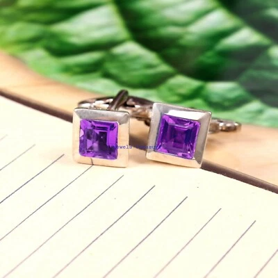Natural Amethyst Gemstone with 925 sterling silver Cufflinks for Men's #J5675 - Image 1 of 3