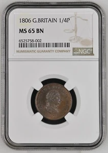 1806 Great Britain GEORGE III Farthing NGC MS65BN SUPER PQ AND LUSTROUS! - Picture 1 of 2